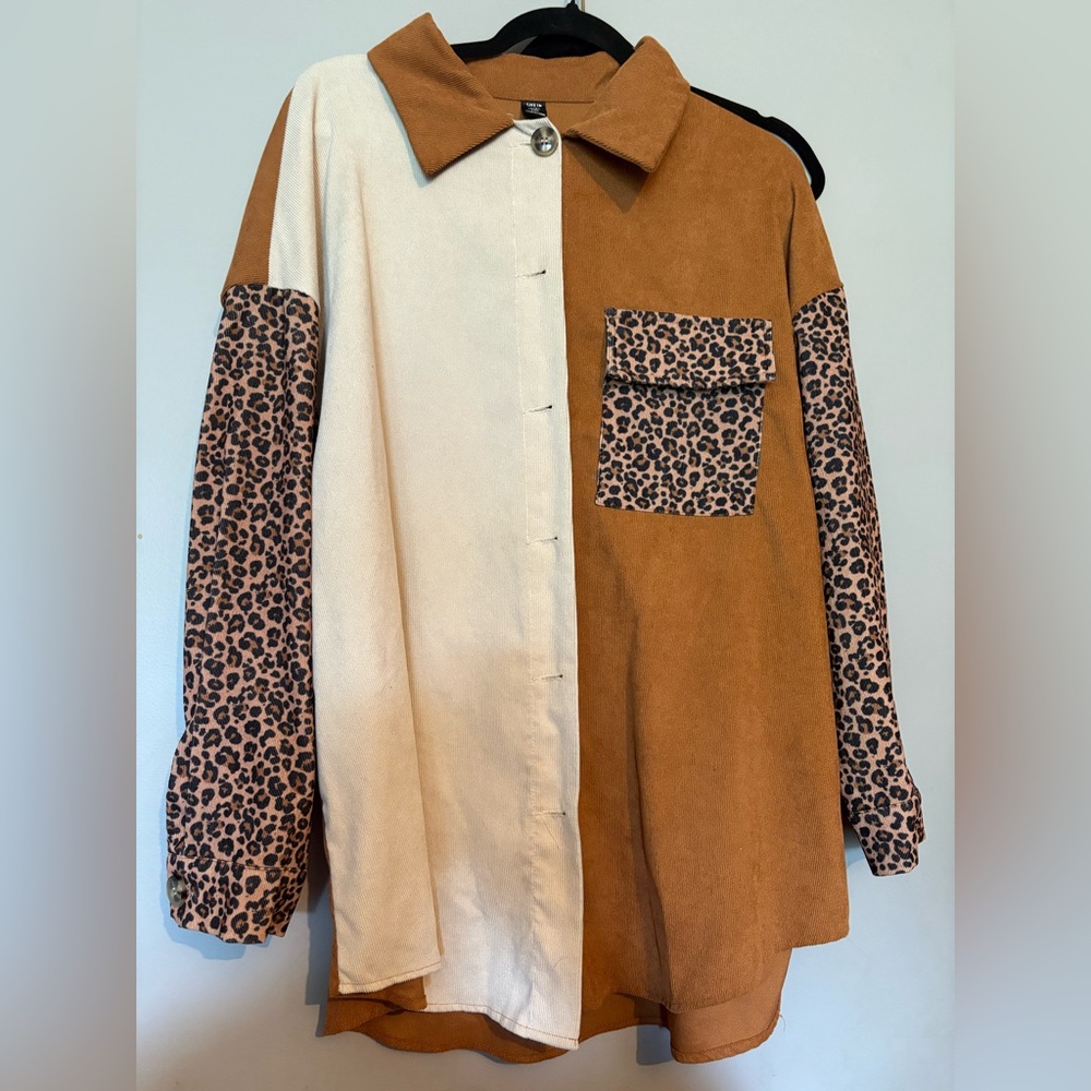 SHEIN Leopard Patchwork Utility Jacket - Brown and Cream